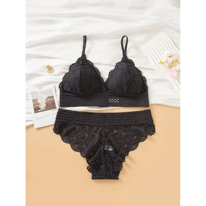 French Style Floral Lace Bralette and Mid-Rise Briefs Lingerie Set for Women