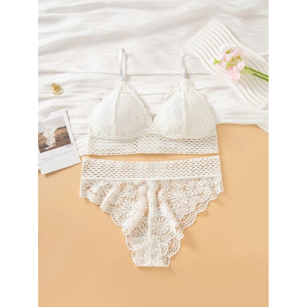 French Style Floral Lace Bralette and Mid-Rise Briefs Lingerie Set for Women