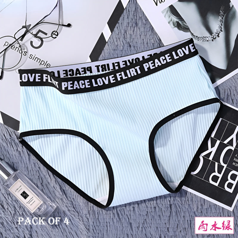 Pack of 4 Stylish Ribbed Women’s Hipster Panties with Letters Printed Elastic Waistband