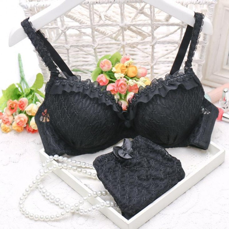 Seamless Lace Bras Set Adjustable Strap Ruffle Push-Up 3/4 Cup Lace Underwear Bra Set