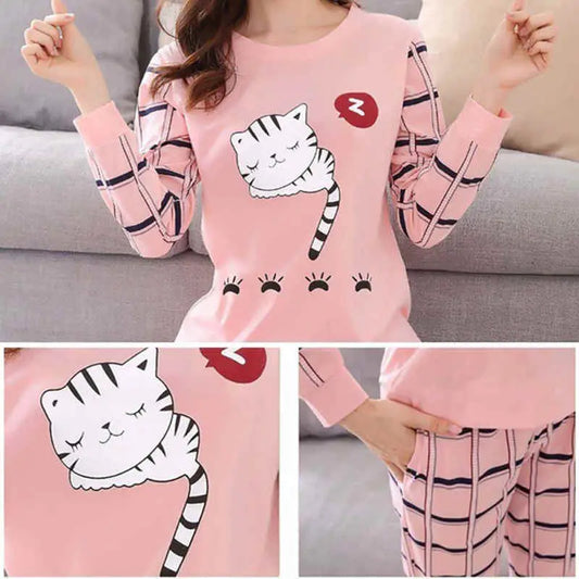 Stylish Sleeping Cat Printed Full Sleeves Night Suit For Ladies