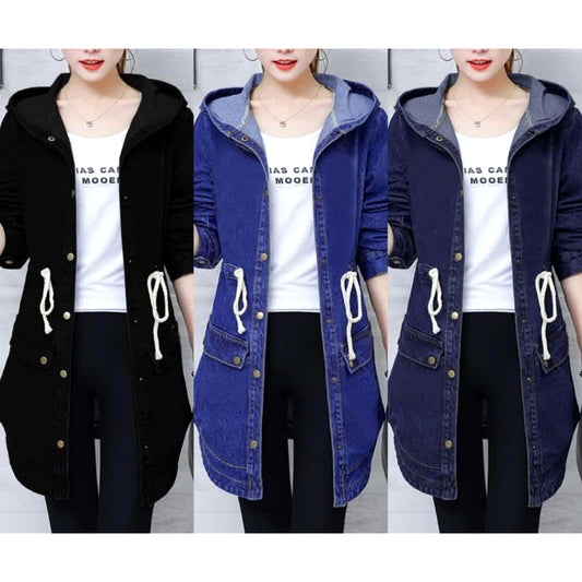 Winter Elegance Long Full Sleeves Denim Coat With Hood For Ladies